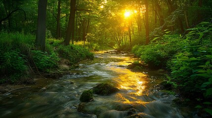 Fototapeta premium Capture the serene beauty of a lush green forest under the golden rays of the sun, where a winding river leads the eye through the scene in perfect harmony with the rule of thirds
