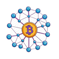 Blockchain network graphic with bitcoin in cryptocurrency