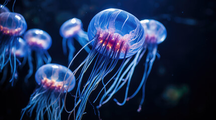 Luminous jellyfish swim deep in the blue sea jellyfish neon jellyfish fantasy water long strings.