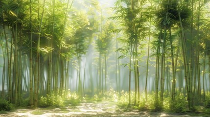 Fototapeta premium Elegant bamboo grove featuring tall, straight trunks and delicate light green leaves, perfect for evoking a peaceful and natural setting