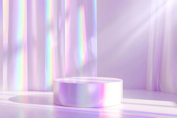Elegant pedestal on a soft lilac background, enhanced by sparkling rainbow light refractions, perfect for presenting cosmetic products and mockup displays