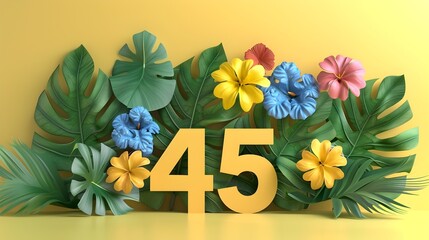 Decorative 3D Number 45 with Tropical Foliage and Flowers on Vibrant Background