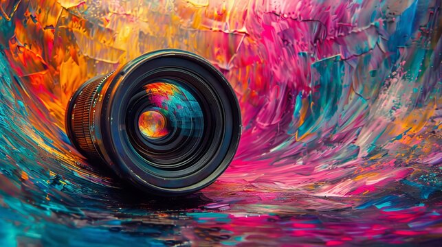 Craft a visually striking close-up of a vintage camera lens set against a backdrop of swirling colors
