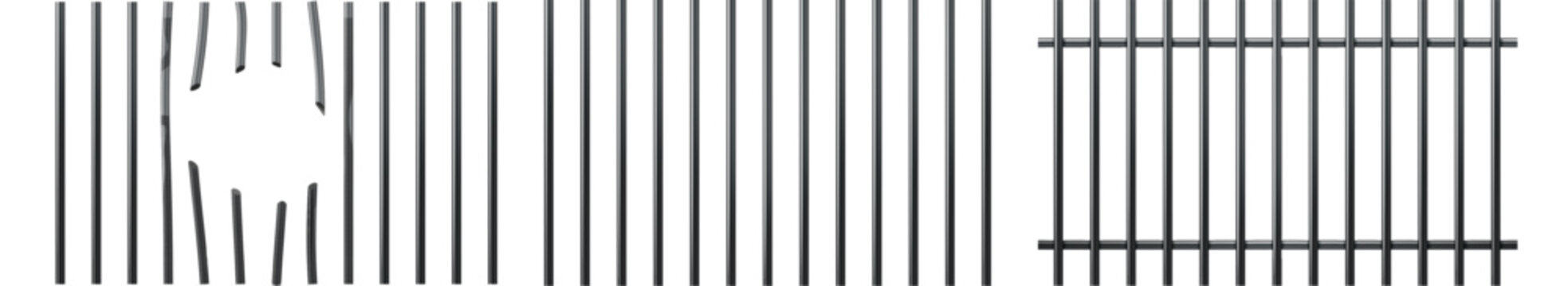 Set of Black realistic prison metal bars . Iron jail cage. Prison fence jail. Template design for criminal or sentence. Vector illustration