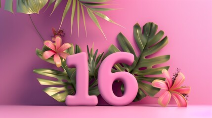 Decorative 3D Number Sixteen with Tropical Foliage and Flowers on Vibrant Background