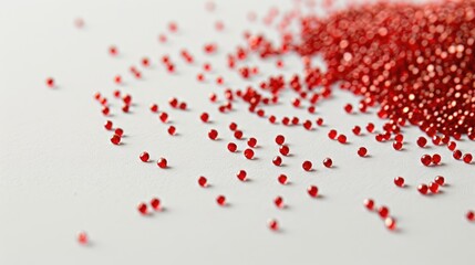 Red decorative beads spread on a white surface embellishments for crafts and leisure