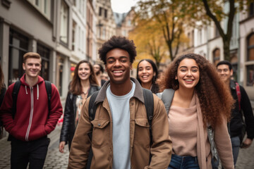 Fototapeta premium Happy young interracial students chatting with each other after class standing outside. Guy and girls wear casual clothes to study. Lifestyle concept, sincere emotions