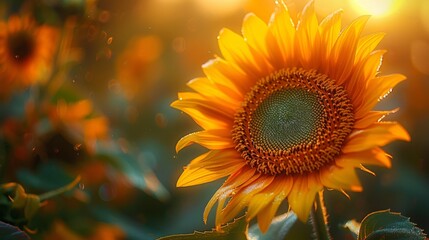 Naklejka premium Focus on a blooming sunflower at golden hour