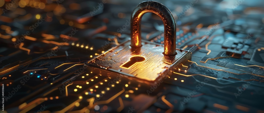 Poster explore the concept of cyber security through the visual representation of a padlock as a symbol of 