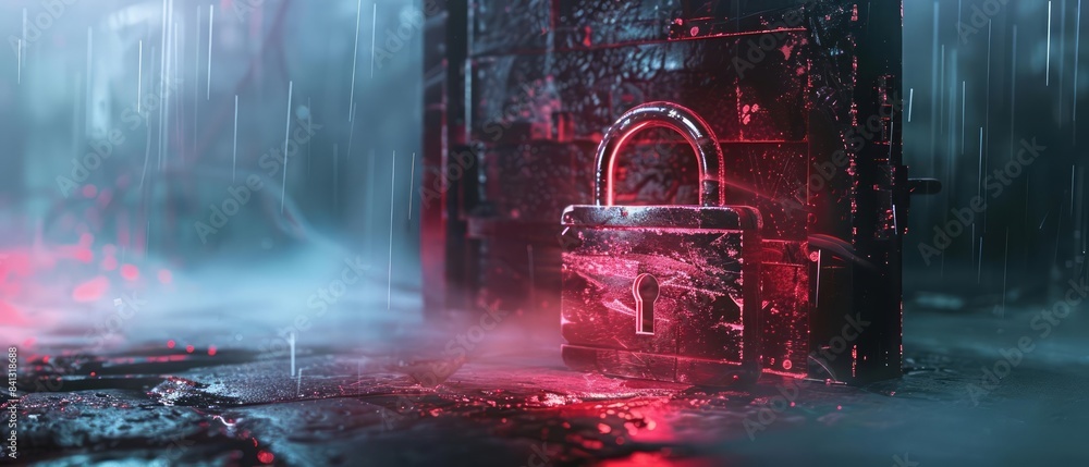 Poster explore the concept of cyber security through the visual representation of a padlock as a symbol of 