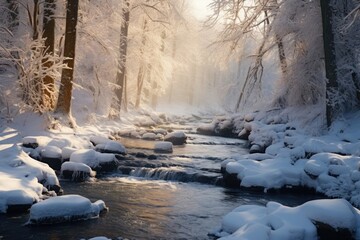 A serene winter landscape featuring a frozen stream flowing through a snow-covered forest
