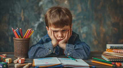 Sad tired schoolboy doing homework. Little child struggling with his assignment. Education, school, learning difficulties