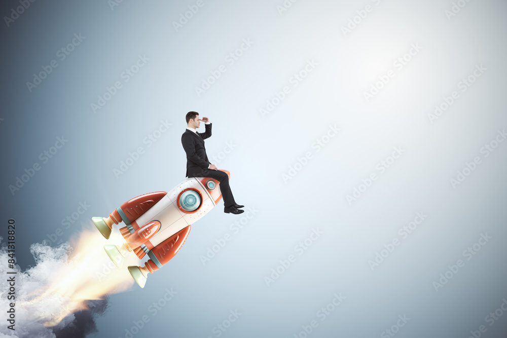 Poster a man in a suit sitting on a rocket, looking through a handheld spyglass, on a plain background, con