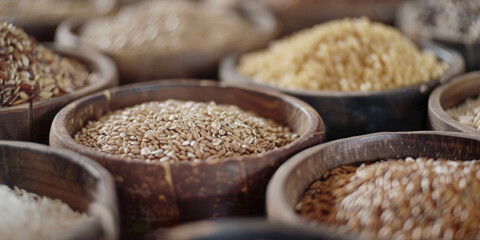 A variety of rice bowls filled with different types of rice, great for food or travel images