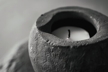 A simple black candle against a neutral background
