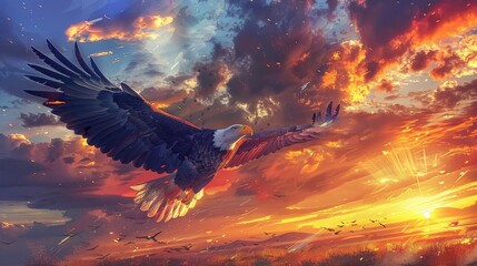 Obraz premium Illustrate a majestic eagle soaring gracefully through a radiant sunset