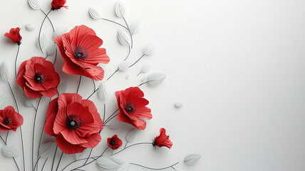 White background with red poppies on the left in the cut paper style, place for text. Generated by artificial intelligence