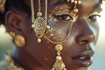 A close-up shot of a woman wearing gold jewelry