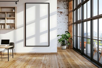 Fototapeta premium A large blank white poster frame is hanging on the wall of an office, a modern and minimalist interior design ai generative