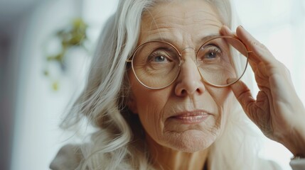 Women's glasses, vision, and eye care for reading, sight, and coordination. Senior woman with optometrist-prescribed glasses for vision issues or fashion.
