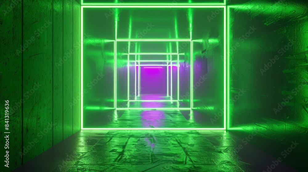 Poster futuristic green neon corridor with a square portal and ultraviolet light, creating an abstract virt
