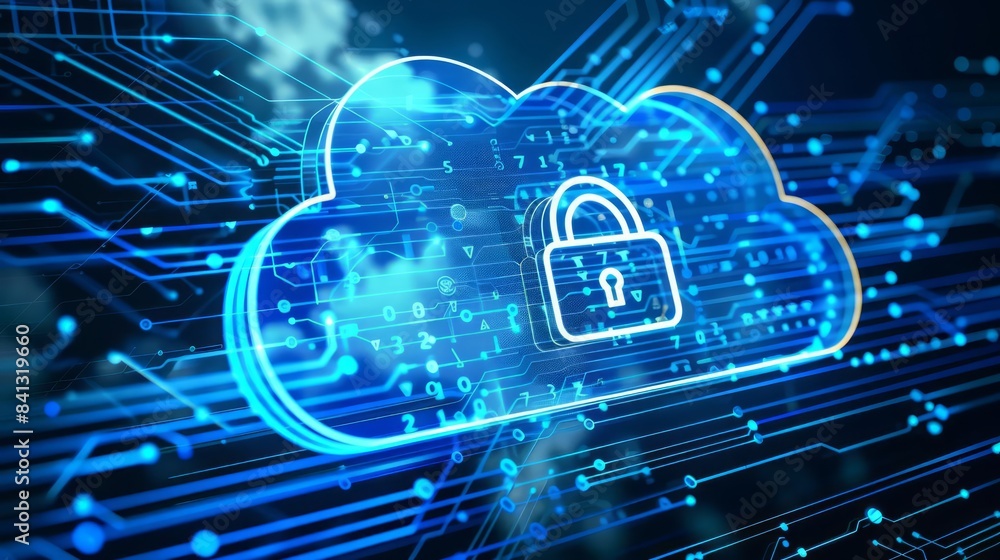 Poster generate a visually striking visualization of a computer screen with a blue cloud background and a p