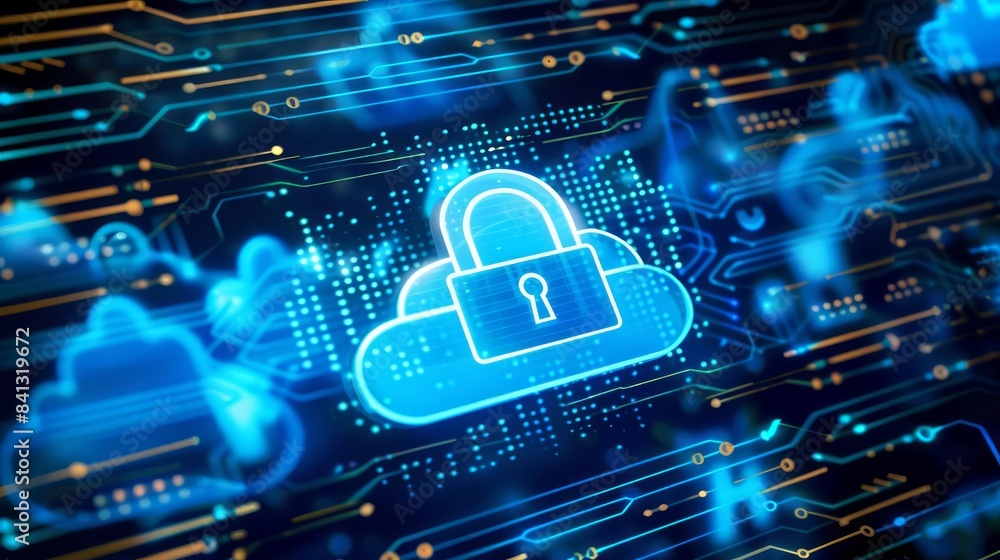 Poster generate a visually striking visualization of a computer screen with a blue cloud background and a p
