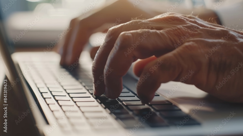 Poster human hands typing on computer keyboard in corporate, creative, and business office. man researching