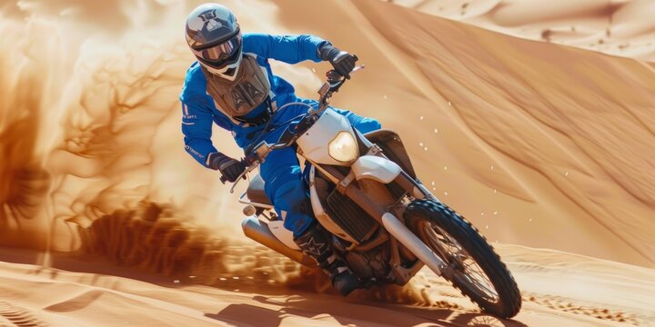 Action sports, sand dunes, and motorbike riders, adrenaline and skill training for challenge. At a rally, fitness, desert, and man bikers practice for race, competition, or performance