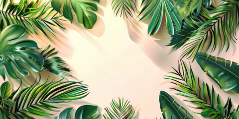 A colorful arrangement of tropical leaves against a pink background, perfect for designs and artwork