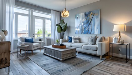 A living room with gray walls, white curtains and blue accents, featuring an elegant sofa, sideboard cabinet, armchair, wooden floor ai generative