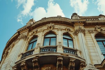 Fototapeta premium Low angle view of an ornate european building with intricate facade details on a clear day