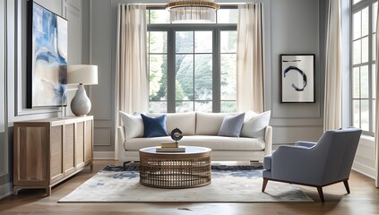 Obraz premium A living room with gray walls, white curtains and blue accents, featuring an elegant sofa, sideboard cabinet, armchair, wooden floor ai generative