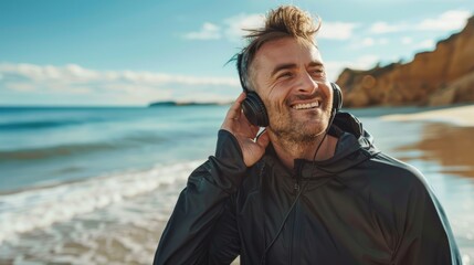 Music, headphones, and cheerful man at beach after workout with podcast in the backdrop. Radio, fitness, and Indian male runner going on the ocean after exercise.