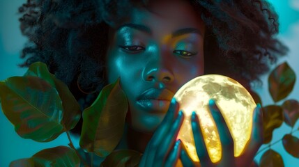 Naklejka premium Beauty, neon, and woman's face with leaves for healing, natural cosmetics, and skincare in studio. Circle light, salon aesthetic, and cosmetics, glamour, or facial profile on blue background.