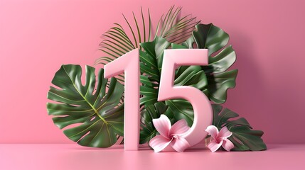 Minimalist 3D Rendered Number 15 Decorated with Tropical Leaves and Flowers on Bright Pink Background