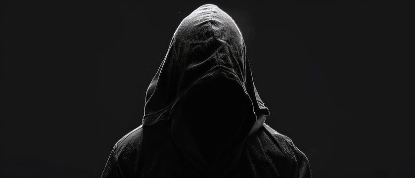 Hooded figure standing in darkness, embodying the essence of a hacker, thief, or mysterious creature, perfect for Halloween themes and secretive concepts