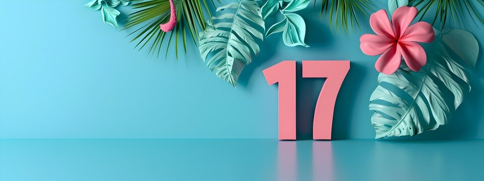 Minimalist 3D Rendered Number 17 Decorated with Tropical Leaves and Flowers on Bright Background