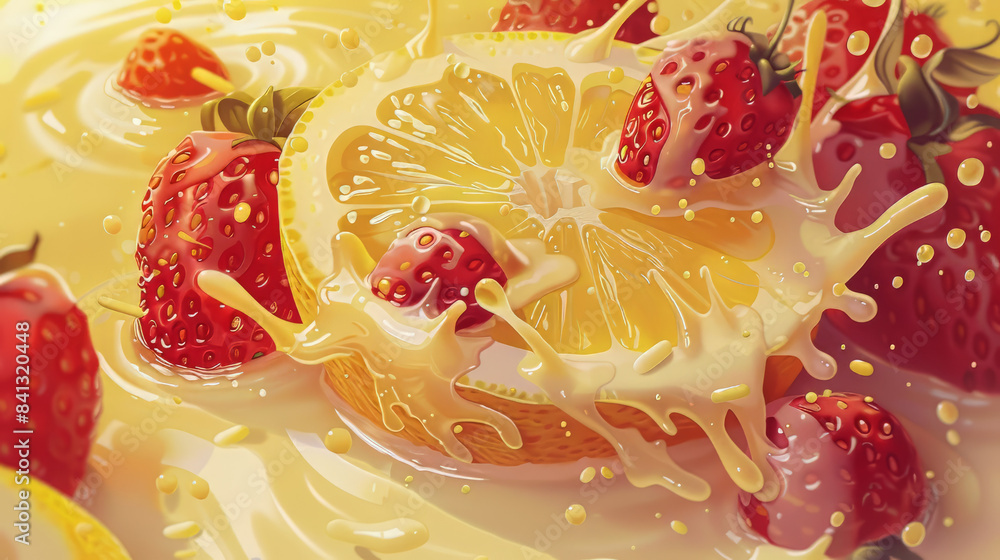 Wall mural lemon and strawberries in a refreshing yogurt splash