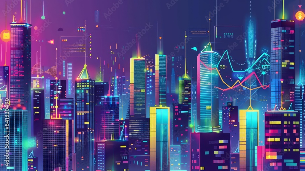 Poster illustrate a cityscape where skyscrapers are adorned with vibrant, constantly updating data visualiz