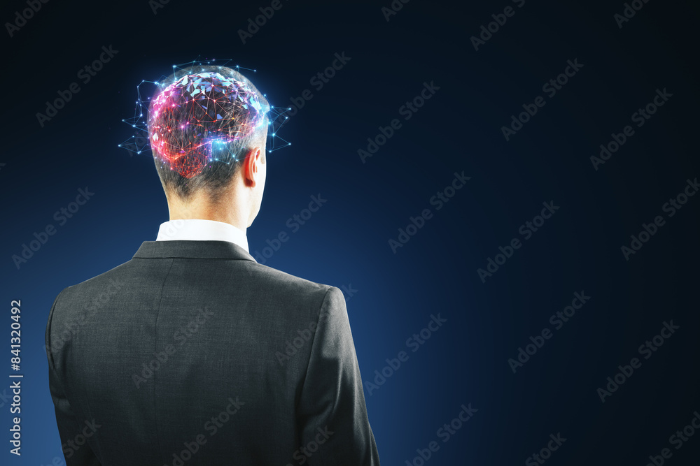 Poster a man in a suit with a digital brain concept on a dark blue background, symbolizing innovation. gene
