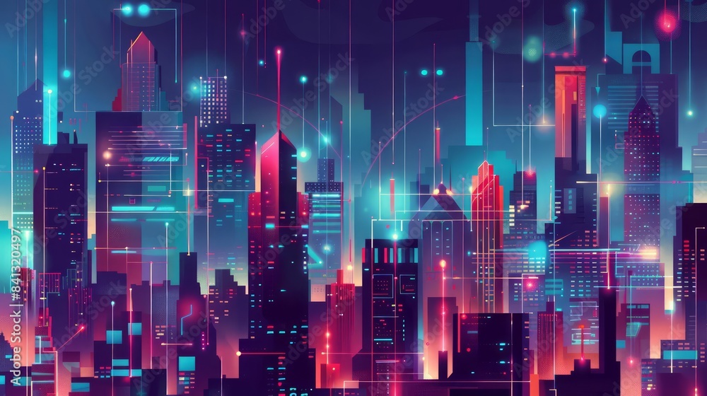 Poster illustrate a cityscape where skyscrapers are adorned with vibrant, constantly updating data visualiz