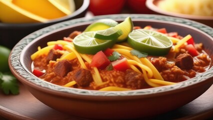 Fototapeta premium A hearty bowl of chili topped with shredded cheese, lime slices, and fresh herbs. The vibrant red and yellow colors contrast beautifully with the green garnish, making it an appetizing dish