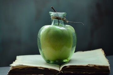 Conceptual image of a ripe green apple in a clear bottle, set on an open, aged book