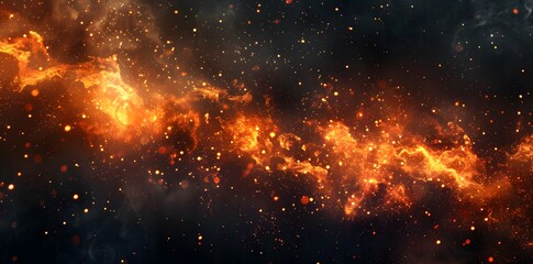 a background of dark space with orange and purple sparks, smoke on the right side, stars in black sky