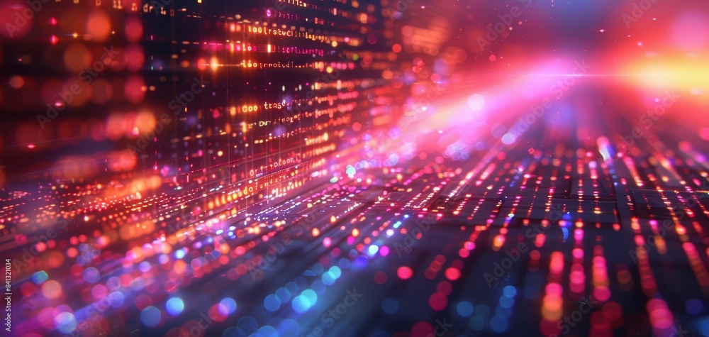 Poster abstract digital background with glowing lights and colorful pixels, creating a futuristic and dynam