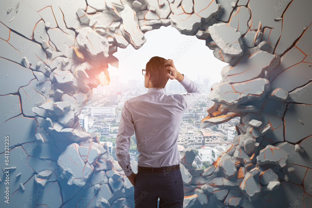 Poster a man looking through a broken wall at a cityscape, photo manipulation, on a partly cloudy sky backg