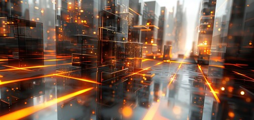 Fototapeta premium Abstract futuristic digital cityscape with glowing orange lines and tall structures, representing technology and innovation.