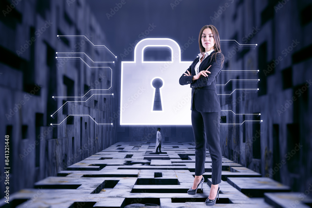 Poster a confident woman in business attire in front of a digital lock symbol, with a labyrinth and futuris