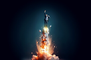 A person in a suit riding a powerful explosion upwards, set against a dark blue background, symbolizing explosive success or a dynamic start. Generative AI